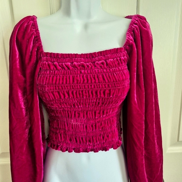 Anthropologie Raspberry Magenta Deep Pink Velvet Smocked Long Sleeve Top XXS - Picture 6 of 14